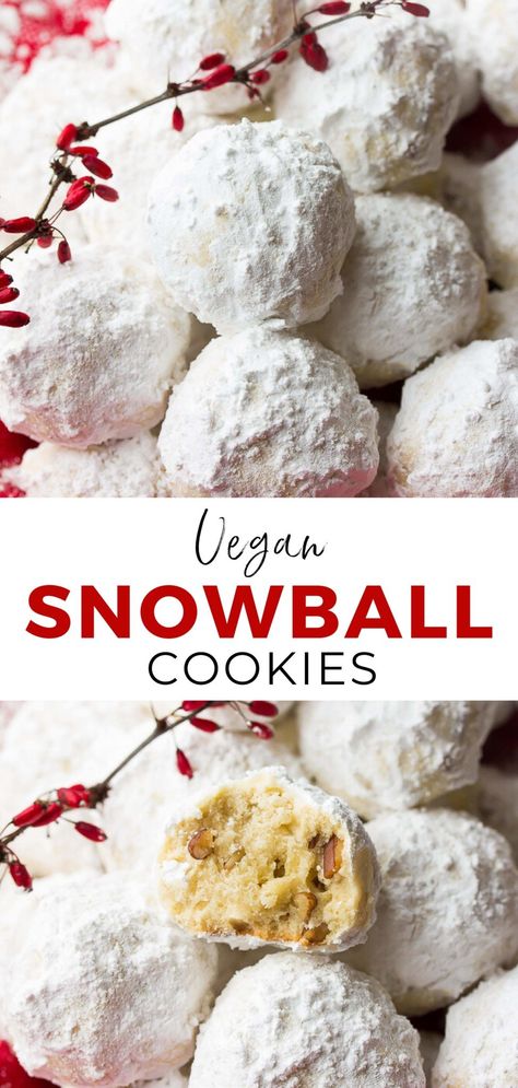 Vegan Snowball Cookies are festive little holiday cookies that are buttery, full of pecans and rolled in powdered sugar! Made in 1 bowl with 5 ingredients. Vegan Bars, Vegan Candy, Vegan Christmas Cookies, Sweet Bakes, Vegan Holiday Recipes, Vegan Christmas Recipes, Buttery Shortbread Cookies, Buttery Shortbread, Eggless Recipes