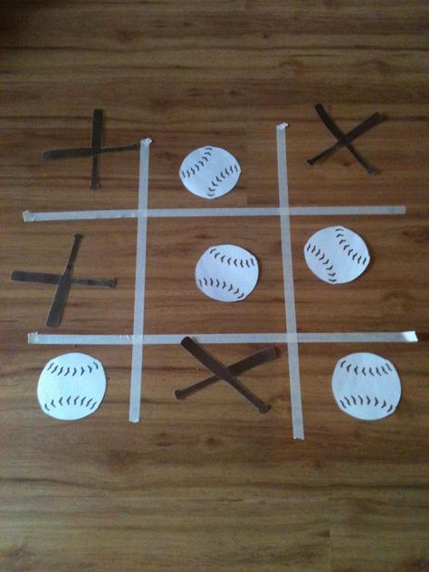 Baseball Tic-Tac-Toe game for Baseball Party.  Use masking tape for grid lines.  X's are bats crossed and of course the O's are baseballs! Baseball Theme Preschool Activities, Preschool Exercise Activities Art, Pre K Sports Activities, Adaptive Sports Activities, Basketball Themed Activities, Sport Themed Activities For Preschool, Baseball Activities Elementary, Sports Theme Art Projects For Kids, Preschool Baseball Crafts