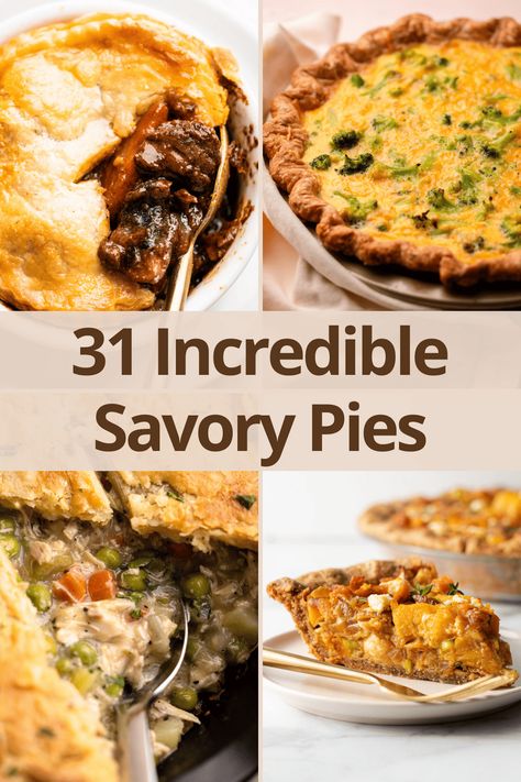 A list of 24 unique and amazing Savory Pie Recipes perfect for any meal from breakfast to appetizers and everything in between. Thanksgiving Tart Savory, What To Do With Pie Crust Dinners, Tart Pan Recipes Savory, Savoury Pie Filling Recipes, Pastry For Quiche, Pie Dinner Ideas, Savory Dinner Pie, Savoury Pie Crust Recipe, Homemade Hand Pies Savory