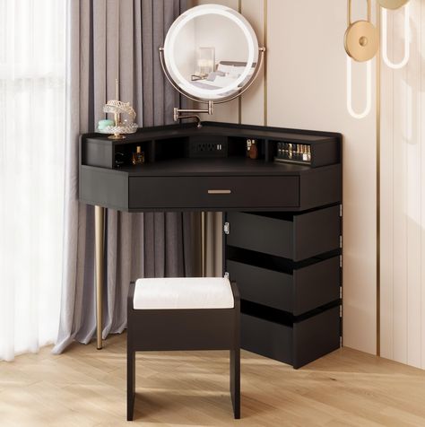 PRICES MAY VARY. 【Perfect Vanity Set】 Corner makeup table is the perfect complement to the corner of your room. The vanity set with stool is an essential piece of furniture in your bedroom! With large smooth tabletop, 1 big drawer and 3 small drawers, it provides ample storage space to store cosmetics, jewelry, and other small items. This dressing table decorates your home with its classy looks. 【Movable Mirror With 3 Colors of LED Lights】 The mirror can be moved and rotated 360°. It can be move Small Corner Vanity, Corner Vanity Makeup, Movable Mirror, Corner Dresser, Basic Room, Corner Makeup Vanity, Lights Makeup, Dressing Table With Drawers, Corner Vanity