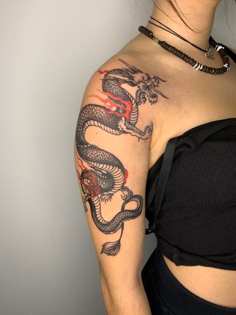 Athens Tattoo, Dragon Tattoo Shoulder, Black Dragon Tattoo, Asian Dragon Tattoo, Astronaut Tattoo, P Tattoo, Tattoo Shading, Dragon Tattoo For Women, Mens Shoulder Tattoo