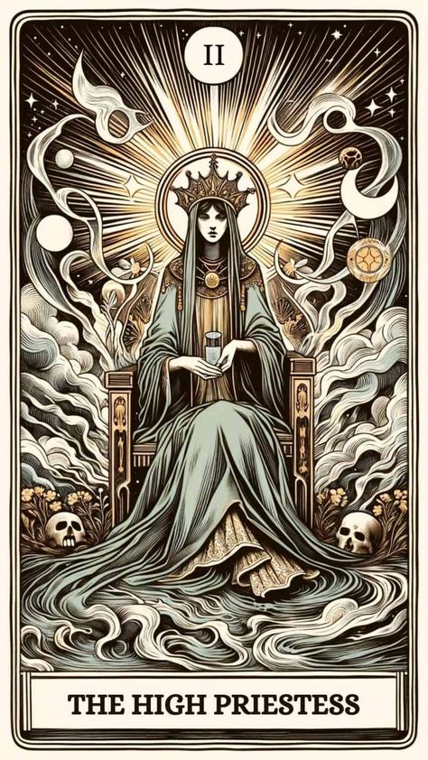 The High Priestess Tarot Card Meaning Highest Priestess Tattoo, Victorian Tarot Cards, The High Priestess Tarot Card Art, High Priestess Tarot Card Art, Tarot Card Tattoo High Priestess, The High Priestess Tattoo, The High Priestess Tarot Tattoo, Tarot Cards Aesthetic Art, High Priestess Tarot Tattoo