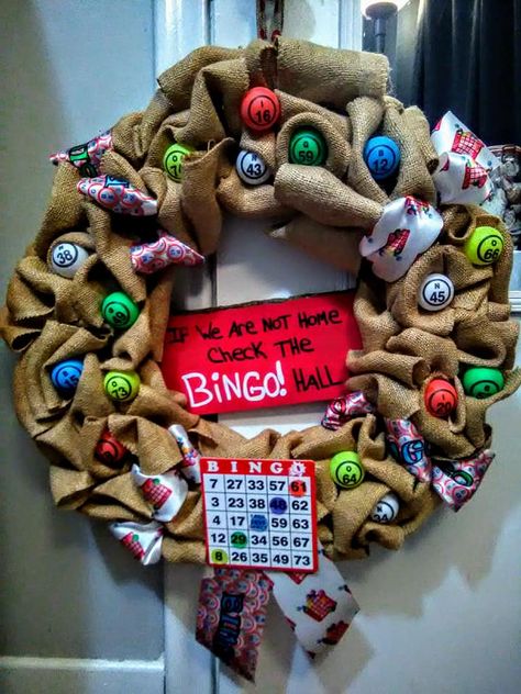 My bingo wreath I made for my mom Pokemon Wreath Diy, Game Night Wreath, Funny Wreath Ideas, Puzzle Wreath Craft, Dollar Tree Awareness Ribbon Wreath Diy, Bingo Party, Firefighter Decor, Diy Party Decorations, Crafty Diy