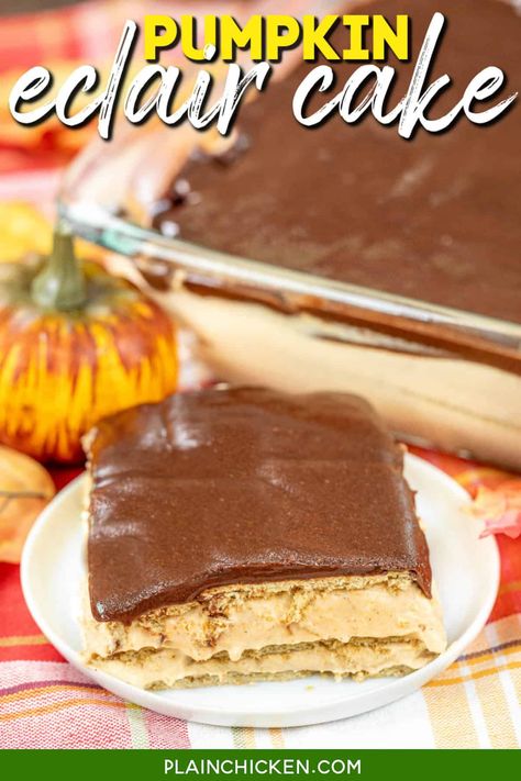 Pumpkin Eclair Cake - Plain Chicken Eclair Cake Recipe, No Bake Eclair Cake, Eclair Cake Recipes, Southern Pound Cake, Pumpkin Crunch Cake, Pumpkin Filling, Pumpkin Crunch, Eclair Cake, Apple Dump Cakes