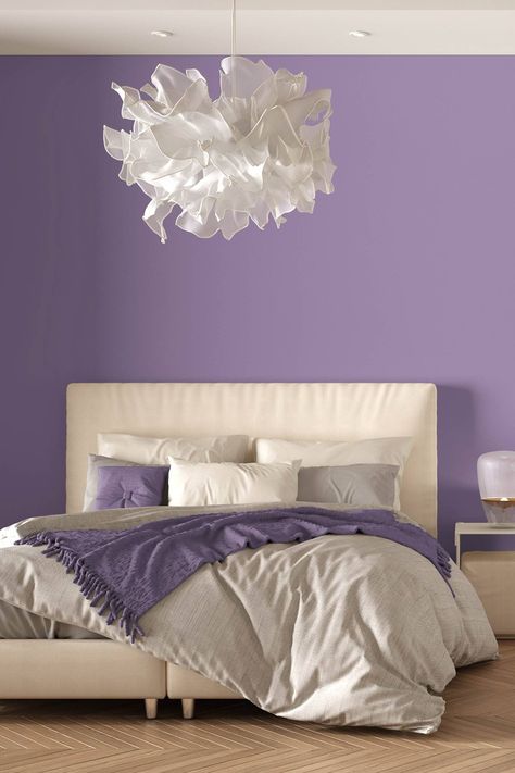 Bedroom Lilac Walls, Purple Bedroom Wall Ideas, Light Purple Room Ideas Bedrooms, Purple And Cream Bedroom, Lilac Walls Bedroom, Lavender Accent Wall Bedroom, Purple And White Room Ideas, Lavender Walls Bedroom, Light Purple Walls Bedroom