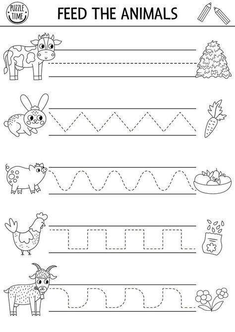 Vector on the farm handwriting practice worksheet. Rural country printable black and white activity for preschool children. Tracing game for writing skills. Feed the farm animals coloring page On The Farm Worksheets Preschool, At The Farm Worksheet, Farm Science Activities Kindergarten, Farm Animals Songs For Preschool, Paper Plate Farm Animals Preschool, Animals Tracing Worksheet, Tractor Worksheets Preschool, Farm Themed Activities For Kindergarten, Farm Animal Coloring Pages Preschool