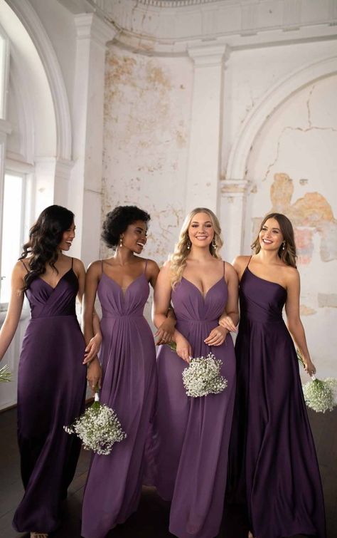 Bridesmaid Dress Purple Lavender, Purple Tones Bridesmaid Dresses, Dark Purple Satin Bridesmaid Dresses, Purple Satin Bridesmaid Dresses Long, Dark Violet Bridesmaid Dresses, Deep Lilac Bridesmaid Dresses, Dark Purple Dress Bridesmaid, Purple Flower Bridesmaid Dress, Bridesmaid Dresses Deep Purple