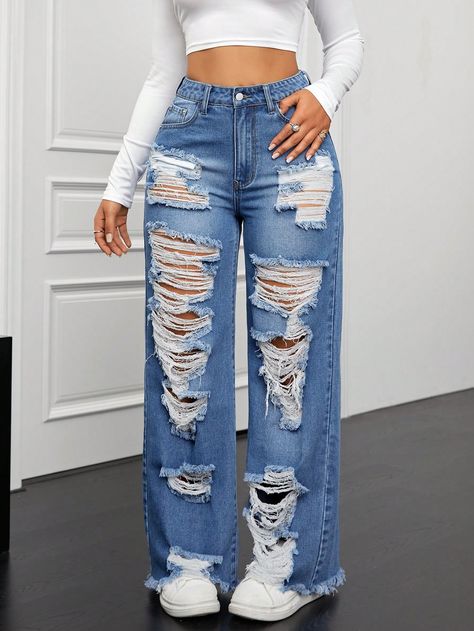 Medium Wash  Collar  Denim Plain Straight Leg Embellished Non-Stretch  Women Clothing Cute Ripped Mom Jeans, Tomboy Clothes, Surprise Dance Outfits, Modeling Clothes, Rip Jeans, Shredded Jeans, Cute Ripped Jeans, Bohemian Jewels, Outfit Choices