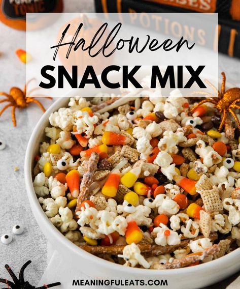 Fall Chex Mix Recipes Halloween, Halloween Trail Mix Recipe, Halloween Popcorn Mix, Fall Chex Mix Recipes, Halloween Chex Mix Recipes, Gluten Free Halloween Food, Fall Snack Mixes, Meaningful Eats, Halloween Snack Mix