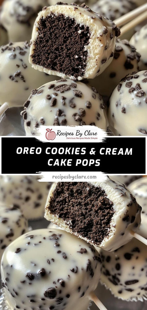 Indulge in these Oreo Cookies & Cream Cake Pops! With a rich chocolate cake base, creamy Oreo frosting, and a smooth white chocolate coating, these cake pops are a fun and delicious treat for any gathering.

Ingredients:

1 box (15.25 oz) chocolate cake mix
½ cup crushed Oreo cookies
1½ cups white chocolate or candy melts
Perfectly coated in white chocolate and garnished with extra Oreo crumbs for a delightful finish! Cookies And Cream Cake Balls, Easy Oreo Cake Pops, Cookies And Cream Cake Pops, Oreo Cake Pops Recipe, Easy Oreo Cake, Cookies Cream Cake, Oreo Cake Pops, Oreo Frosting, Crushed Oreo