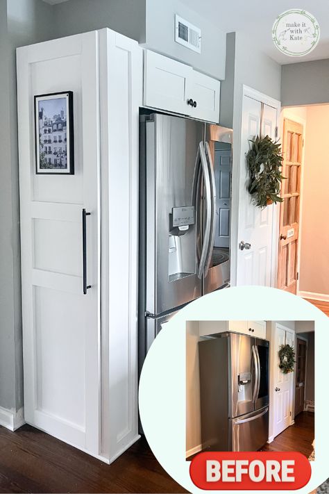 This refrigerator surround cabinet makes this kitchen fridge look built-in, plus it serves as a family command center. How To Enclose Your Refrigerator, Refrigerator End Cabinet, Enclose Refrigerator Diy, Built Ins Around Refrigerator, Moving Refrigerator In Kitchen, Refrigerator Surround Ideas, Refrigerator Side Cabinet, Refrigerator Enclosure Ideas, How To Hide A Refrigerator