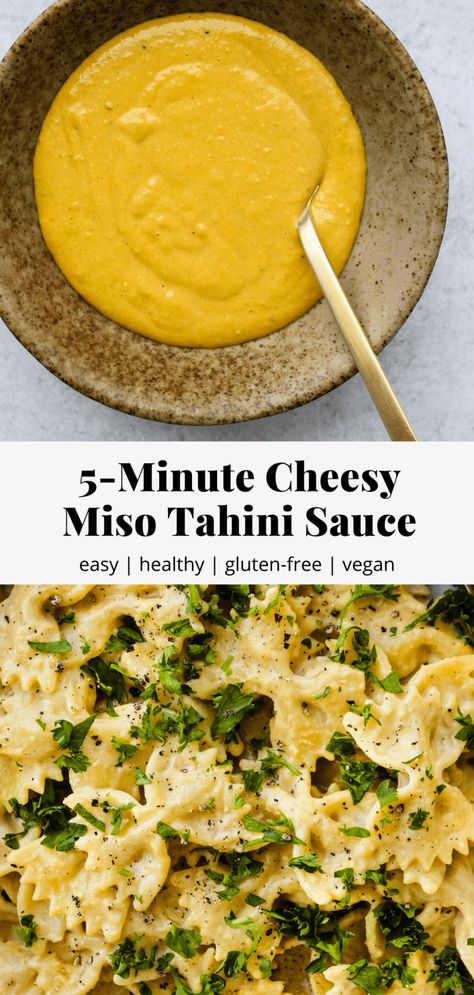 Vegan Cheesy Sauce, Vegan Miso Pasta Sauce, Miso Cheese Sauce, Tahini Sauce For Noodles, Tahini Cheese Sauce, Tahini Sauce For Pasta, Healthy Vegan Pasta Sauce, Tahini Based Sauces, Tahini Vegan Recipes