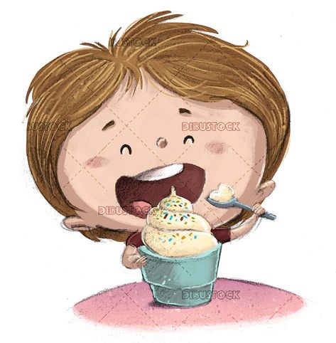 Eat Ice Cream Illustration, Eating Ice Cream Illustration, Ice Cream Eating, Ice Cream Tub, Ice Cream Illustration, Book Illustration Design, Ice Cream Tubs, Happy Childhood, Food Summer