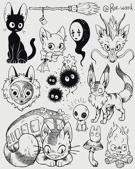 Things To Draw On Flash Cards, Studio Ghibli Back Tattoo, Kawaii Tattoo Ideas Black And White, Anime Flash Tattoo Ideas, Studio Ghibli Tattoo Design, Anime Flash Art, Studio Ghibli Art Draw, Studio Ghibli Drawing Sketches, Minimalist Anime Tattoos