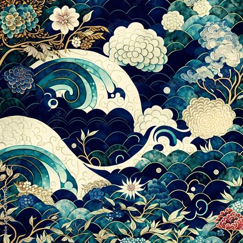 Ocean Pattern Design, Japanese Aesthetic Blue, Blue Japanese Aesthetic, Japanese Patterns Traditional, Indian Art Traditional, Artsy Patterns, Blue Patterns, Japanese Woodblock Print, Japanese Art Prints