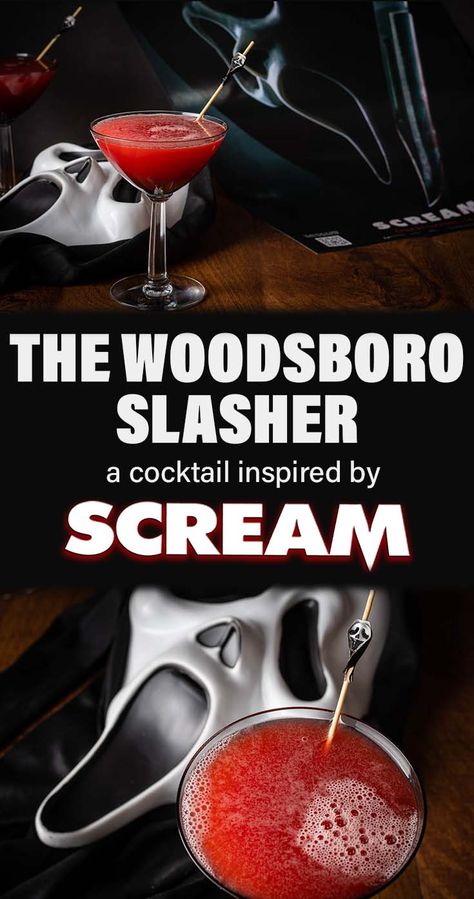 Horror Movie Alcoholic Drinks, Slasher Themed Cocktails, Scream Themed Drink, Ghostface Food Ideas, Horror Alcohol Drinks, Slasher Movie Halloween Party, Slasher Party Food, Scream Inspired Food, Scream Movie Cocktail