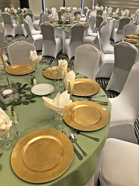 Green Gold White Table Decor, Sage Green Table Overlay, Olive Green Gold And White Table Setting, Sage Green Quince Table, Sage Green Table Decor Quince, Sage Green And Gold Table Decor, Sage Green And Gold Table Setting, Sage Green And Gold Sweet 16, Tiana Themed Quince Center Piece