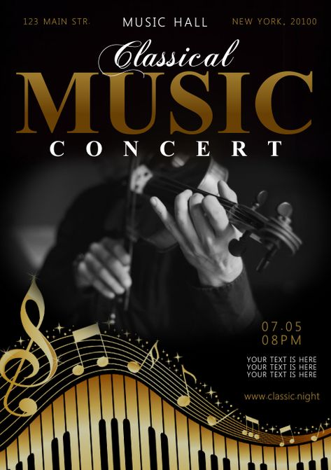 CLASSICAL MUSIC POSTER Template | PosterMyWall Violin Concert, Live Music Poster, Classical Music Poster, Piano Concert, Classical Piano Music, Best Classical Music, Concert Flyer, Classical Piano, Classic Music