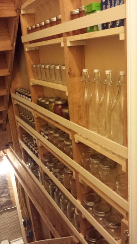 Made some canning supply storage in my basement stairwell Canning Closet Under Stairs, Canning Supplies Storage, Canning Supply Storage, Basement Stairs Storage, Canning Room, Stairway Storage, Basement Stairway, Basement Stairwell, Food Storage Rooms