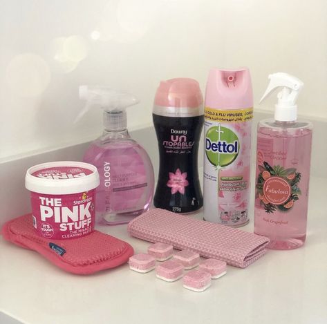 Pink Cleaning Aesthetic, Kawaii Cleaning Supplies, Pink Cleaning Products, Pink Cleaning Supplies, Cleaning Supplies Aesthetic, Housekeeper Aesthetic, Cleaning House Aesthetic, Pink Cleaning, Pink Apartment Decor