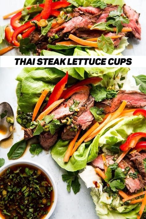 Lettuce Wraps Steak, Steak Lettuce Wraps Asian, Steak Lettuce Wraps Healthy, Lettuce Boat Recipes, Steak Lettuce Wraps, Thai Steak, Larb Gai, Thai Lettuce Wraps, Thai Flavors