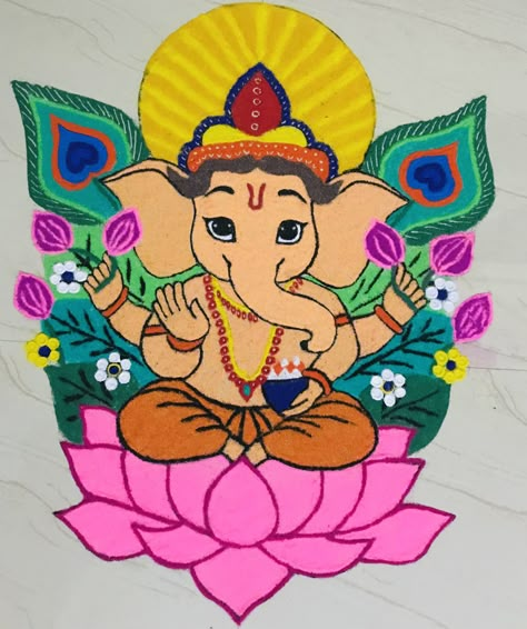 Rangoli Sketch Design, Panchuka Rangoli, Gyaras Rangoli, Rangoli Of Ganesha, Theme Based Rangoli, Cartoon Rangoli Designs Easy, Rangoli Cartoon, Ganpati Rangoli Designs Latest, Rangoli Designs Ganesha