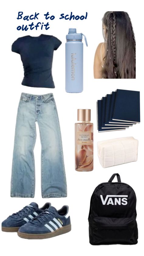 A navy themed back to school outfit including a water bottle a bag and a pencil case Outfit Ideas For Middle School, Outfits Middle School, High School Back To School, School Outfits Middle School, Back To School Outfit Ideas, Outfits Back To School, School Organisation, School Outfit Ideas, Middle School Outfits