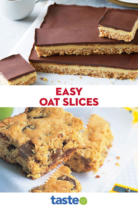 Our most classic slices usually start with a packet of rolled oats. When baked with other delicious ingredients (we’re looking at you, golden syrup), they become an incredible texture – chewy, yet dense, yet soft. Some of our more modern slice recipes have been taken over by biscuits, with buttery crumbed bases and creamy tops. Here are some of our best oat slices, including the choc chip one that’s been taking social media by storm. Baking With Rolled Oats, Oat Slice Recipe, Weetbix Slices Recipes, Choc Chip Oatmeal Bars, Oaty Slices, Oat Slice Healthy, Caramello Slice, Rolled Oats Recipe, Sweet Slices