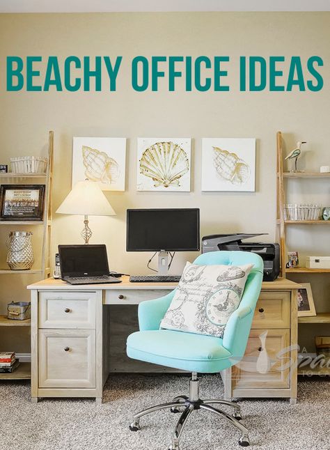 Get some ideas for coastal and beach theme office spaces with furniture, like this bright blue office swivel chair that adds fun and cheer to the space. Featured on Completely Coastal. Beach Decor Office, Ocean Theme Office Decor, Beach Office Theme, Coastal Office Ideas Beach, Beach Home Office Ideas, Beach Themed Office Decor, Office Decor Beach Theme, Beach Inspired Office, Beachy Home Office Ideas