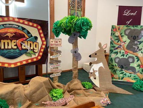 Australian Themed Party Decorations, Australia Day Decorations, Australia Vbs Decorations, Outback Themed Vbs, Australian Outback Vbs Decorations, Australian Classroom Decor, Zoomerang Vbs, Australia School, Australia Party