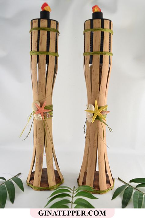 Learn how to repurpose wrapping paper rolls and cans into flameless bamboo tiki torches that look like the real thing! #SummerCookouts #tikitorches #cutesummerideas #DIYtikitorches #flameless Crafts With Wrapping Paper, Tiki Torches Diy, Tiki Party Decorations, Torches Diy, Tiki Umbrella, Orange Tissue Paper, Bamboo Diy, 8 Birthday, Diy Table Top