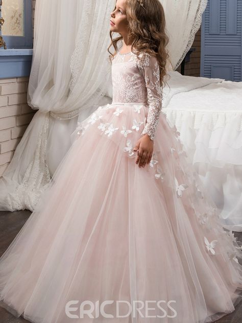 Girls Evening Dresses, Long Flower Girl Dresses, Holy Communion Dresses, Long Sleeve Ball Gowns, Pink Ball Gown, Pink Flower Girl Dresses, Princess Flower Girl Dresses, Girls Dresses Online, Tulle Flower Girl