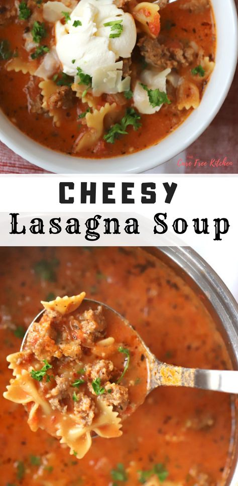 This soup is amazing, so delicious! This Lasagna Soup Recipe is an easy 30-minute meal your family will love. This one pot lasagna soup recipe is so delicious and will be ready in no time. #lasagna #soup #pasta #lasagnasoup #dinnerideas #whatsfordinner #thecarefreekitchen Bow Tie Soup Recipes, Lasagna Soup With Bow Tie Pasta, Bow Tie Pasta Soup, Soup With Bow Tie Pasta, Soup With Pasta Recipes, Bow Tie Soup, One Pot Lasagna Soup, One Pot Lasagna, Lasagne Soup