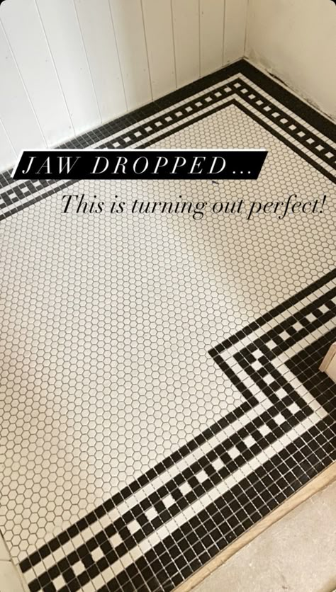 Black And White Mosaic Tile Bathroom Floor, Mosaic Tile Rug, Vintage Mosaic Tile Floor, Black And White Shower Floor, 1920s Tile Floor, Tile Rug Inlay Bathroom, Black And White Penny Tile Bathroom, Black And White Mosaic Tile Bathroom, Penny Tile Patterns