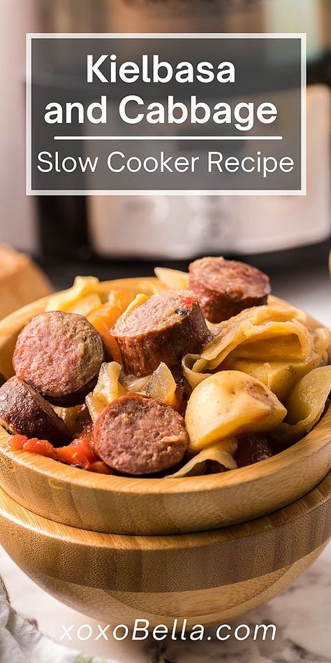 Slow cooker kielbasa, cabbage and potatoes is a hearty, warming dish that's perfect for a chilly evening. Comfort food like this 'stick-to-your-ribs' dish pair slow cooker sausage and cabbage with potatoes for a delicious evening meal. You can combine this slow cooked cabbage with either kielbasa, bratwurst or sausage for a tasty dinner. Now you know how easy slow cooker kielbasa, cabbage and potatoes is and how delicious it is, I'm sure you'll want to make your own! #crockpot #slowcooker Kielbasa Cabbage And Potatoes, Cabbage With Potatoes, Kielbasa Cabbage, Cabbage Slow Cooker, Sausage And Cabbage, Slow Cooker Kielbasa, Kielbasa And Cabbage, Slow Cooker Sausage, Sausage Crockpot