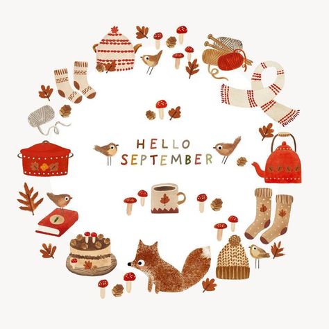 Hello September Illustration, Nettle And Twig, September Drawings, September Doodles, September Illustration, Baking Apple Pie, Autumn Illustrations, September Ideas, Wool Basket