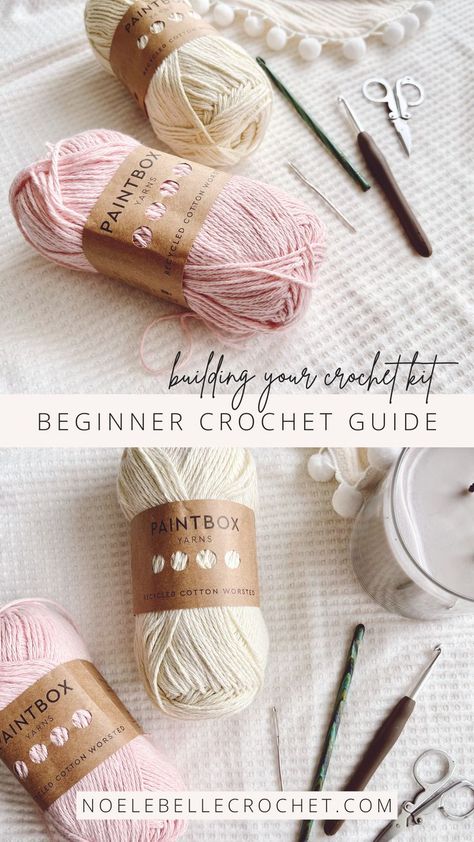 Building your crochet kit, Beginner crochet guide. Photos show recycled cotton yarn, crochet hooks, scissors and and candle laid on a white blanket Diy Crochet Kit, Tips For Crochet Beginners, Crochet Kits For Beginners, Crochet Starter Kit, Woobles Crochet Kit, Crochet Tips For Beginners, Starter Crochet Projects, How To Crochet For Beginners Step By Step, First Crochet Project