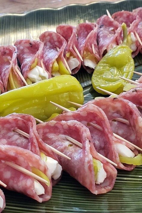 Salami Roll Ups Cream Cheeses, Ham And Cheese Rollups Appetizers, Lunch Party Appetizers, Finger Food Meat Party Appetizers, Salami Cream Cheese Appetizer, Salami Cream Cheese Banana Pepper Roll Ups, Salami Cheese Roll Ups, Salami And Cream Cheese Appetizers, Salami Pepperoncini Cream Cheese