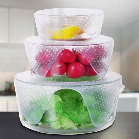 Reusable Silicone Food Wraps | Pack of 4 Clear Bowls, Food Wraps, Silicone Lid, Microwave Recipes, Food Covers, Pyrex Glass, Food Bowl, Plastic Wrap, Silicone Cover