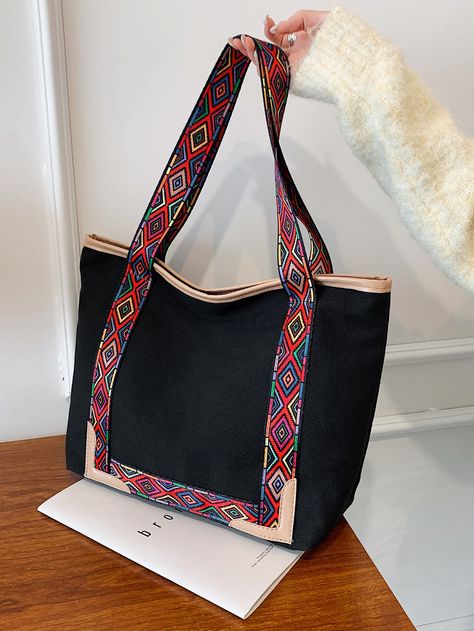 Black Fashionable   Canvas Colorblock Shoulder Tote Bag Embellished   Women Bags Hand Bag Design Ideas, Canvas Bag Design Diy, Tote Bag Embroidery Ideas, Diy Painted Canvas, Painted Canvas Tote, Tote Bag Diy Pattern, Jute Bags Design, Canvas Bag Design, Tods Bag