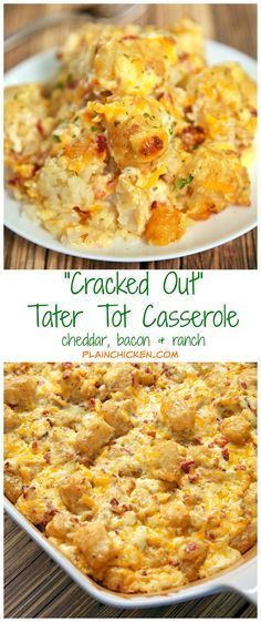 "Cracked Out" Tater Tot Casserole Recipe - easy Cheddar, Bacon and Ranch potato casserole using frozen tater tots. So simple and tastes amazing! The flavor combination is highly addictive!! Can freeze casserole for easy side dish later. Cracked Out Tater Tot Casserole, Ranch Potato Casserole, Frozen Tater Tots, Tater Tot Casserole Recipe, Chicken Tater Tot Casserole, Casserole To Freeze, Cracked Out, Tater Tot Recipes, Tater Tot Casserole Recipes