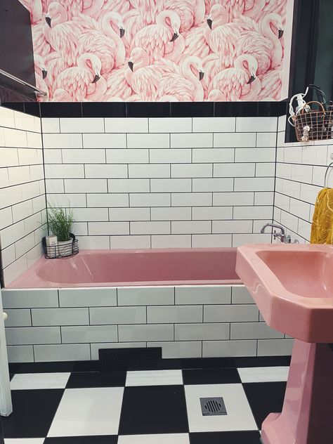 Bathroom With Pink Toilet, Bathroom Remodel Pink Tub, Bathroom With Pink Tub And Sink, Flamingo Bathroom Wallpaper, Pink Sink Bathroom Ideas, Pink Bathroom Toilet, Art Deco Bathroom Pink, Pink Bathtub Bathroom Ideas, Retro Pink Bathroom Update