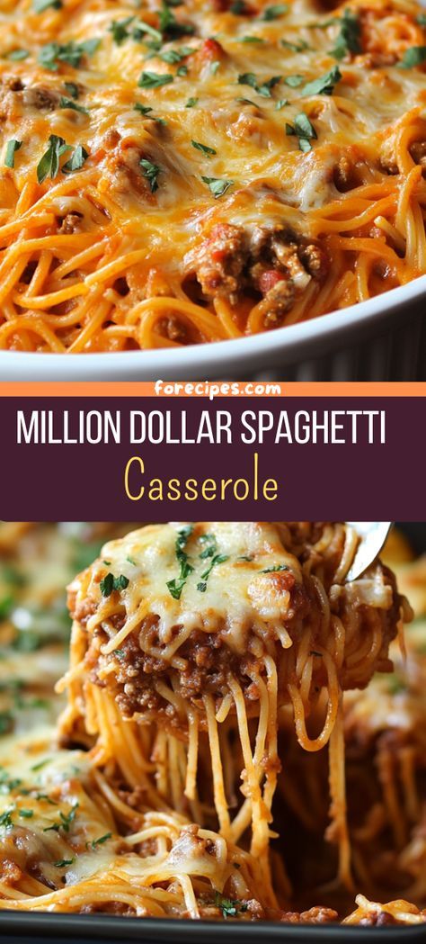 Million Dollar Spaghetti Casserole Million Dollar Spaghetti Casserole, Lunch Casserole, Spaghetti Casserole Recipe, Creamy Pasta Bake, Spaghetti Recipes Easy, Baked Spaghetti Casserole, Million Dollar Spaghetti, Spaghetti Casserole, Crispy Cheese