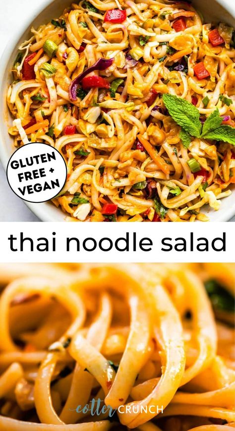 This Gluten-Free Thai Noodle Salad features sesame oil, rice noodles, crisp vegetables, and fresh herbs tossed with a zesty chili garlic dressing. A delicious twist on traditional Thai cuisine, it’s guaranteed to be a crowd-pleaser at potlucks, picnics, BBQs, and dinner gatherings! Cold Asian Rice Noodle Salad, Thai Noodles Salad, Thai Salad Recipes Noodles, Thai Pasta Salad Recipes, Gluten Free Thai Recipes, Cold Rice Noodle Salad, Thai Spaghetti Salad, Sweet Chili Dressing, Rice Noodle Salad Recipes