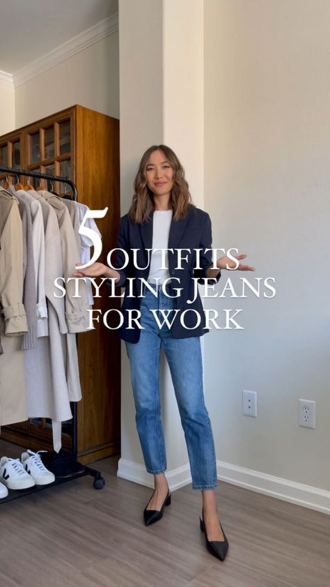 Workwear With Jeans, Grey 90s Jeans Outfit, Office Jean Outfits Women, Straight Jeans Office Outfit, Friday Causal Work Outfits, Fall Work Outfits With Jeans, Casual Friday Work Outfits 2023, Light Jeans Business Casual, Blue Jeans Business Casual Outfits