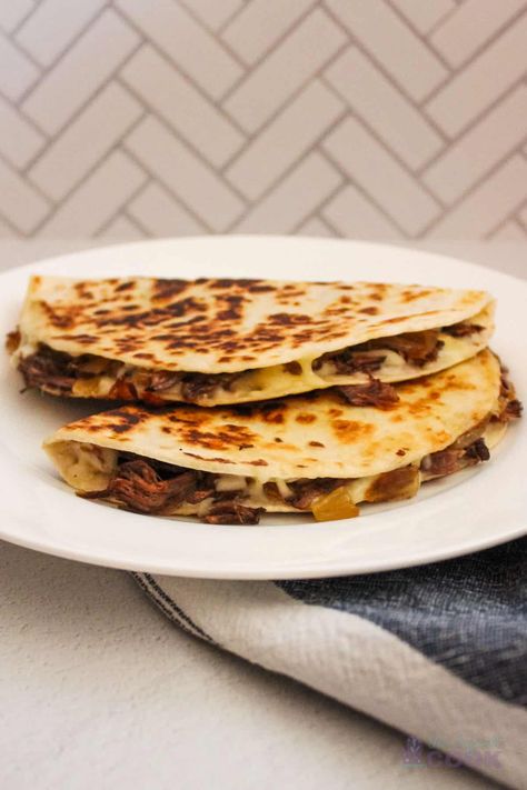 Leftover Beef Pot Roast Quesadillas - The Default Cook Mississippi Pot Roast Quesadilla, Pot Roast Quesadilla, Leftover Roast Beef Tacos, Roast Beef Quesadilla Recipes, Ideas For Leftover Roast Beef, Roast Beef Quesadillas, Leftover Roast Ideas, Leftover Beef Roast Recipes Easy Dinners, Recipes With Leftover Roast Beef