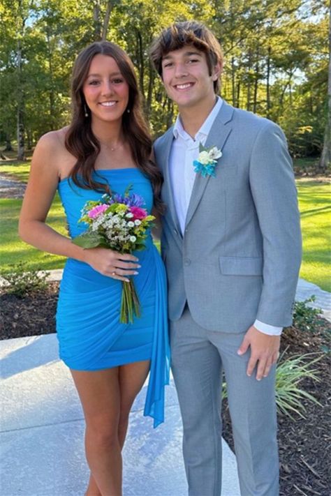 Strapless Blue Ruched Sheath Short Dress Light Blue Hoco Dress With Date, Blue Hoco Dress With Date, Hoco Dresses Tight Pink, Navy Blue Hoco Dress, Strapless Hoco Dress, Light Blue Hoco Dress, Shimmer Dress Short, Homecoming Court Dresses, Blue Corset Dress