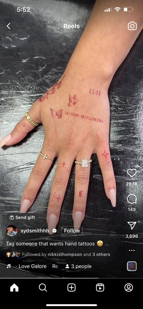 No Rain No Flowers Hand Tattoo, Name Hand Tattoos For Women, Name Tattoo Hand, No Rain No Flowers Tattoo, Name Tattoo On Hand, Painless Tattoo, Final Countdown, Hand Tats, Stick N Poke Tattoo