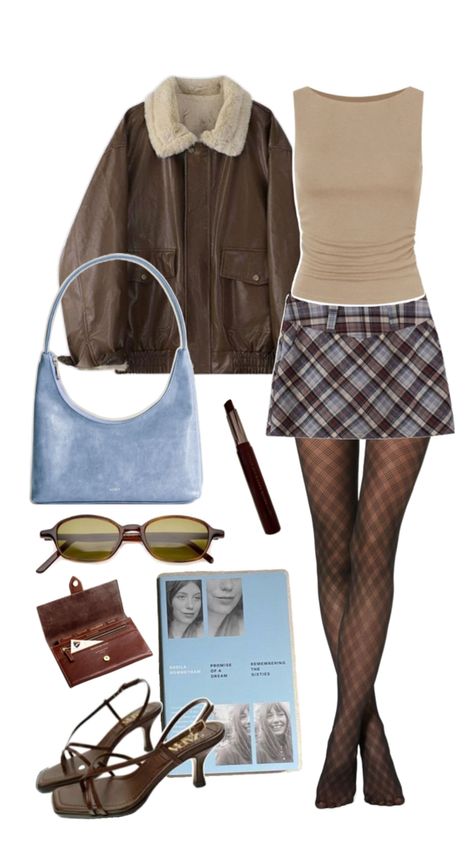 blue and brown outfit idea with jacket, bag, glasses, book and tights ! Dark Brown And Light Blue Outfit, Brown Pantyhose Outfit, Blue Brown Outfit, Brown Tights Outfit, Brown And Blue Outfit, Blue Tights Outfit, Blue And Brown Outfit, Pantyhose Outfit, Bag Glasses