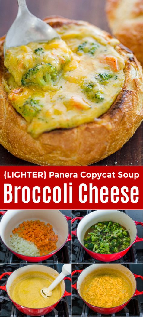 Broccoli Cheese Soup served in a bread bowl is the ultimate comfort food. This is our version of Panera Broccoli and Cheese Soup but it's lighter, loaded with fresh broccoli and cheddar cheese. This soup recipe is so easy and so delicious! Broccoli Cheese Bread Bowl, Cheddar Broccoli Bread Bowl, Soup Bread Bowl Dinners, Healthy Panera Broccoli And Cheese Soup, Breadbowl Soup Recipes, Broccoli Cheddar Soup Bread Bowl, Broccoli Cheese Soup Bread Bowl, Bread Bowls And Soup, Soups In Bread Bowls